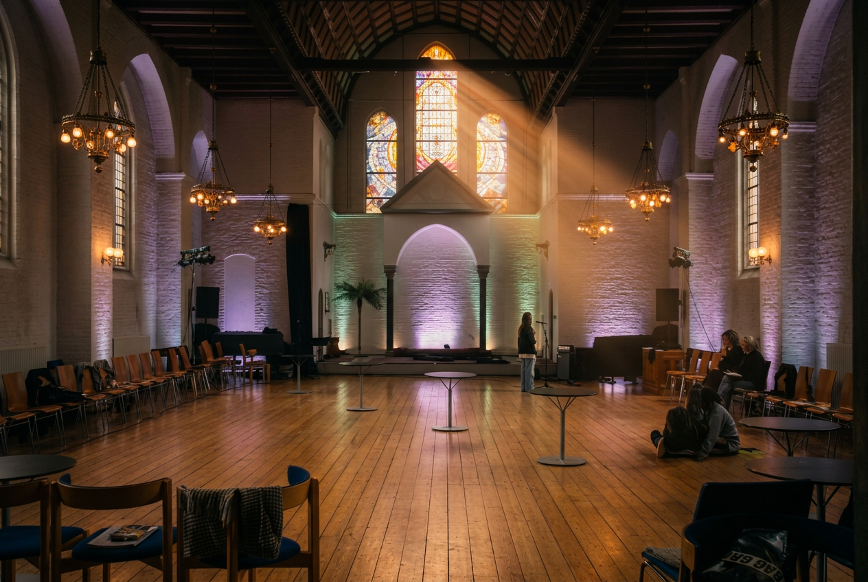 Interior of KoncertKirken: an open wooden floor under stained-glass windows and a coloured-lit apse, with cocktail tables in place of pews.